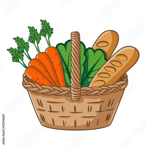 Illustrated Wicker Basket with Fresh Vegetables and Bread
