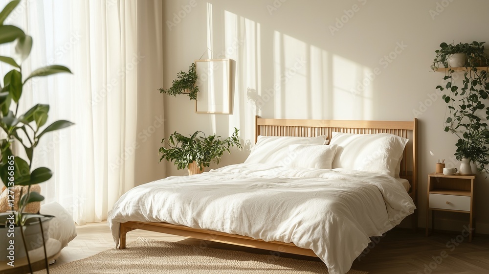 Fototapeta premium Cozy Scandinavian Bedroom with Wooden Bed and Soft Neutral Tones