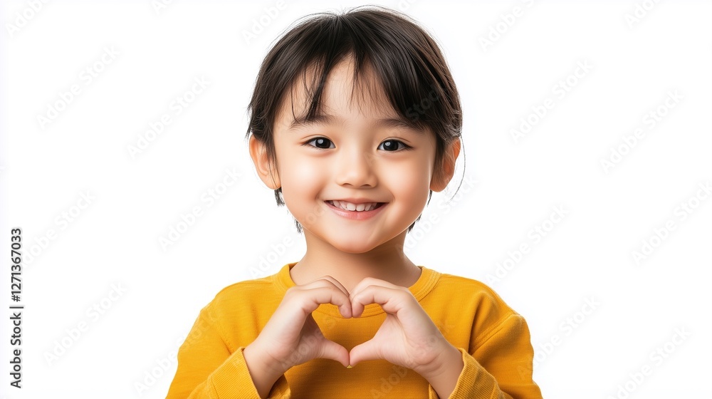 Young Asian Kid Making a Heart Shape with Hands, Isolated on White background Young Asian Kid Making a Heart Shape with Hands, Isolated on White background