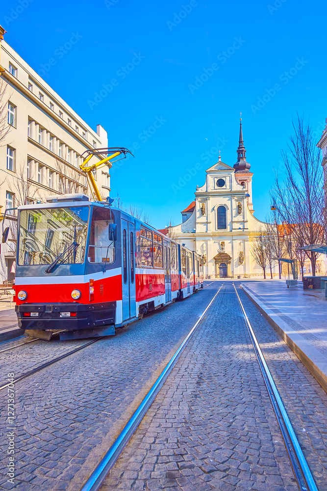 The vintage tram rides along Jostova street in central Brno, Czech Republic