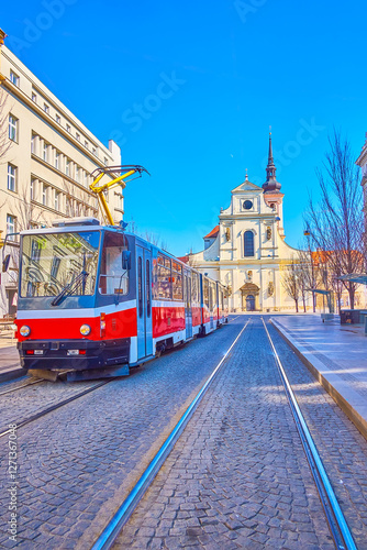 The vintage tram rides along Jostova street in central Brno, Czech Republic