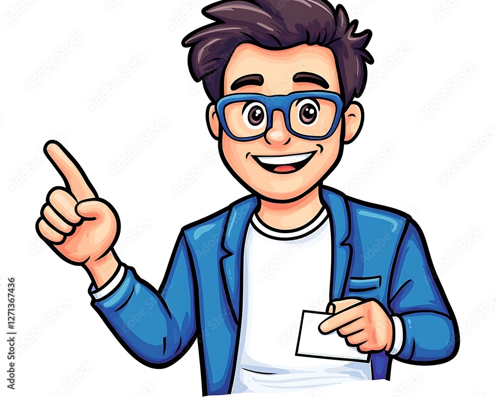 Animated man pointing, presenting business card, informal setting Animated man pointing, presenting business card, informal setting