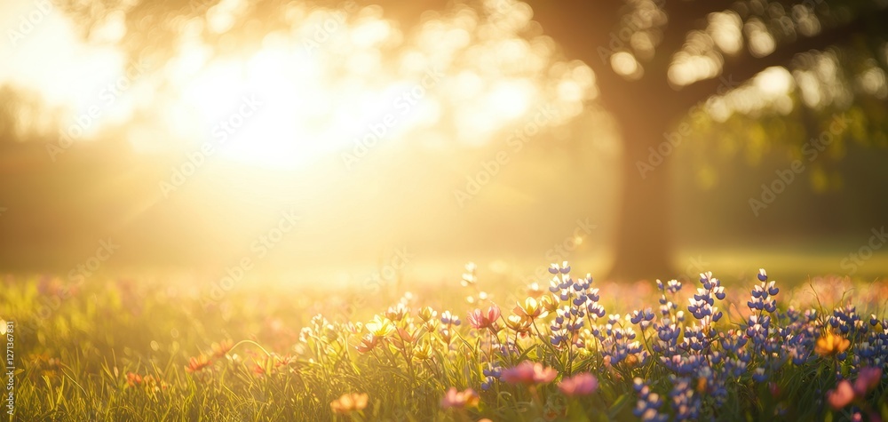 Fototapeta premium A beautiful sunlit scene featuring vibrant wildflowers blooming in a lush green meadow