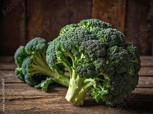 A fresh, vibrant green broccoli sits at the center of a rustic wooden surface. photo