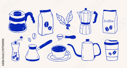 Hand draw coffee tooll collection. Set of coffee utensils outline thin line graphics.Coffee machine, hario, utensils, french press, moka, cup, kettle icon.