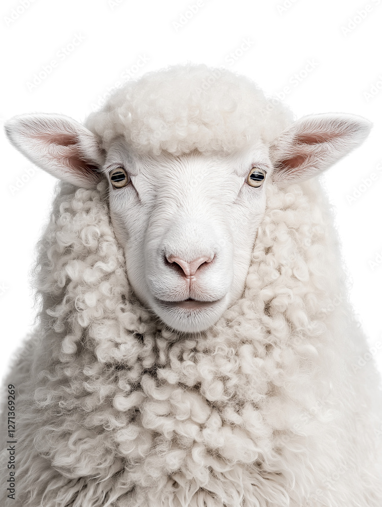 Obraz premium A fluffy white sheep with a thick, curly wool coat gazes directly forward, its ears slightly perked against a black background.