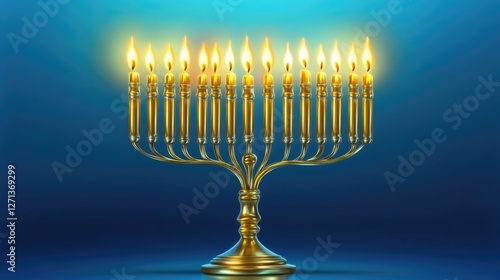 A traditional Hanukkah menorah lit with seven golden candles, standing against a blue background. Symbolizes the Jewish holiday of eight days.