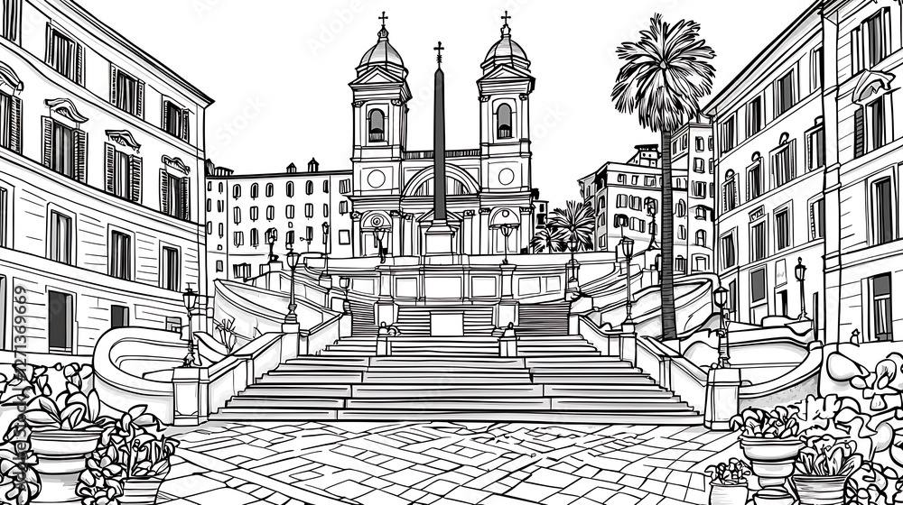 Obraz premium Black and white sketch of Spanish Steps in Rome with buildings and a church in the background