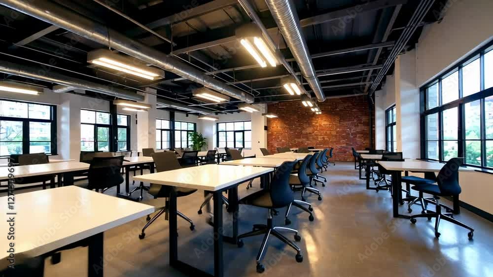 Natural light illuminates a modern coworking space, showcasing white tables, black chairs, and a brick accent wall in a slow motion panoramic view Natural light illuminates a modern coworking space, showcasing white tables, black chairs, and a brick accent wall in a slow motion panoramic view