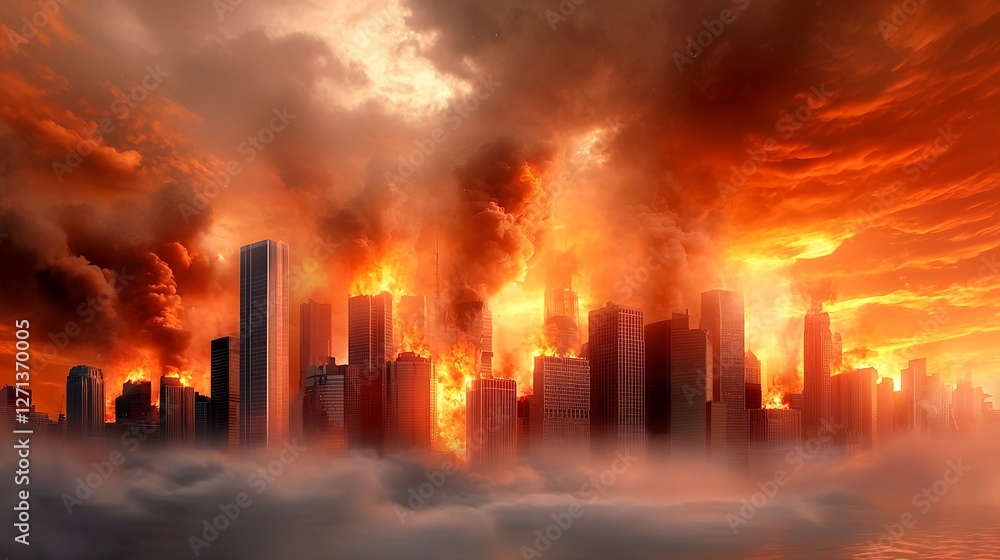 Burning Cityscape with Towering Skyscrapers Engulfed in Flames and Thick Smoke Burning Cityscape with Towering Skyscrapers Engulfed in Flames and Thick Smoke