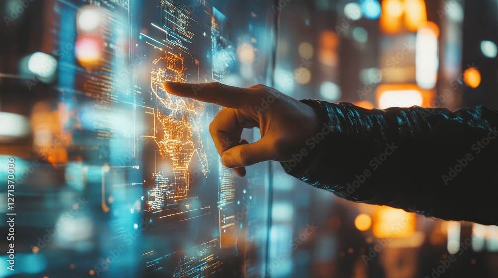 Close up of businessman hand pointing at creative business chart hologram on blurry city background. Innovation, finance, trade, future, ai and technology concept. Double exposure Close up of businessman hand pointing at creative business chart hologram on blurry city background. Innovation, finance, trade, future, ai and technology concept. Double exposure
