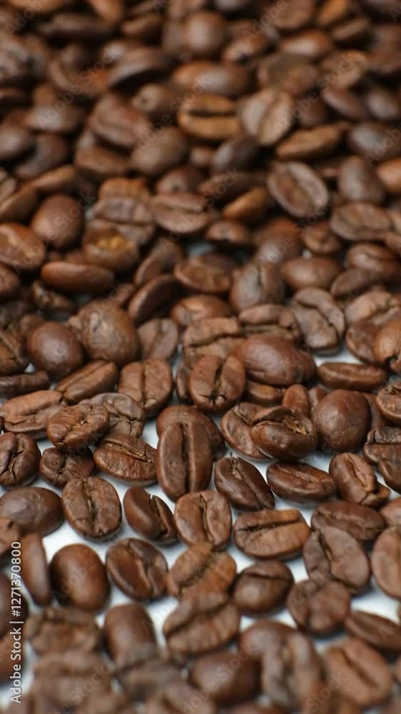 Scattering of decaf coffee beans on a white background, vertical slow motion macro. Scattering of decaf coffee beans on a white background, vertical slow motion macro.