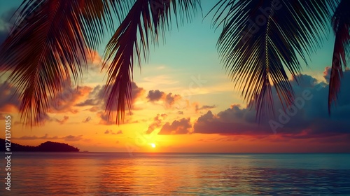 Vibrant Tropical Sunset Over Ocean with Palm Trees