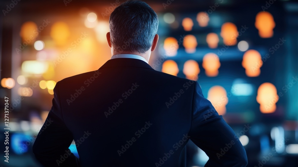 Businessman contemplating network, city lights Businessman contemplating network, city lights