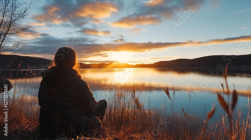 Serene sunset reflection with a woman sitting by the lake surrounded by nature : Generative AI photo