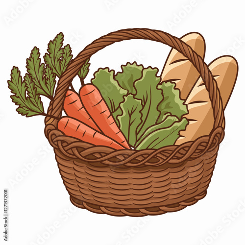 Illustrated Wicker Basket with Fresh Vegetables and Bread