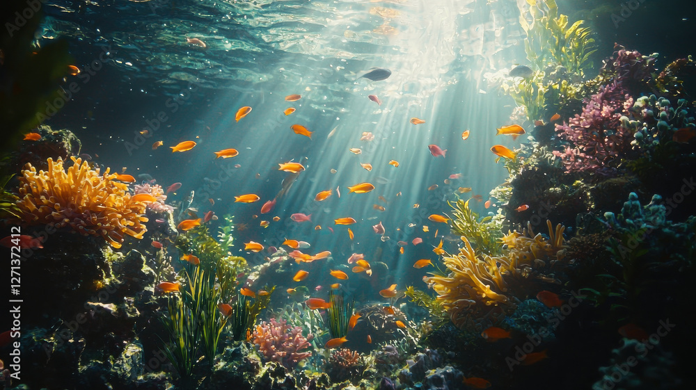 Obraz premium vibrant coral reef filled with colorful fish and lush marine life, showcasing beauty of underwater ecosystems