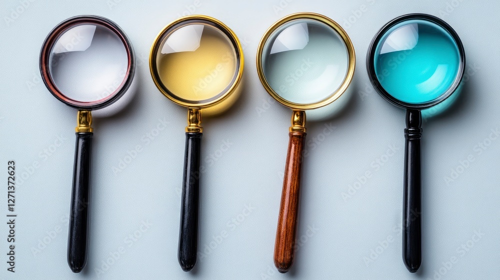 Four Magnifying Glasses with Different Colored Handles and Lenses on a Light Grey Background Four Magnifying Glasses with Different Colored Handles and Lenses on a Light Grey Background