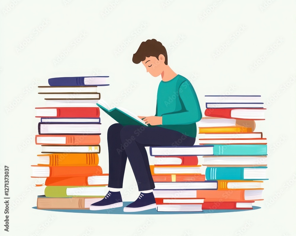 A young man reading a book surrounded by piles of colorful books, representing a world of knowledge and imagination. A young man reading a book surrounded by piles of colorful books, representing a world of knowledge and imagination.