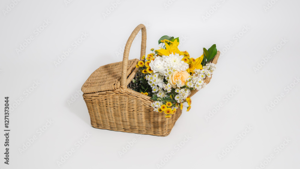 Flower baskets containing beautiful flowers with white backgrounds, suitable for picnic decorations.. Flower baskets containing beautiful flowers with white backgrounds, suitable for picnic decorations..