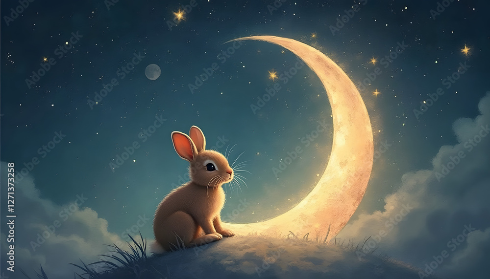 Cute rabbit sitting on the glowing full moon with a dreamy night sky and twinkling stars, magical atmosphere Cute rabbit sitting on the glowing full moon with a dreamy night sky and twinkling stars, magical atmosphere
