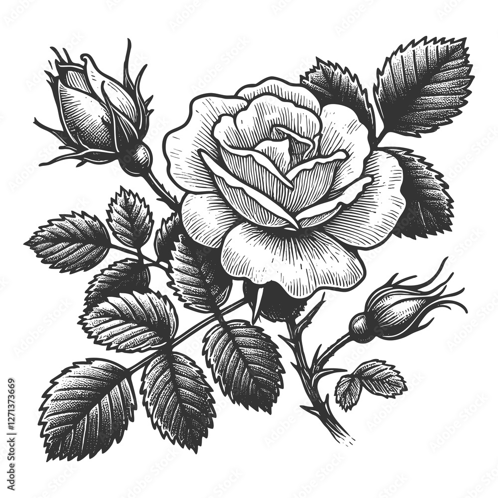 rose hip plant with detailed rosebuds, leaves, and thorns, drawn in an engraved, botanical style sketch engraving generative ai raster illustration. Scratch board imitation. Black and white image.