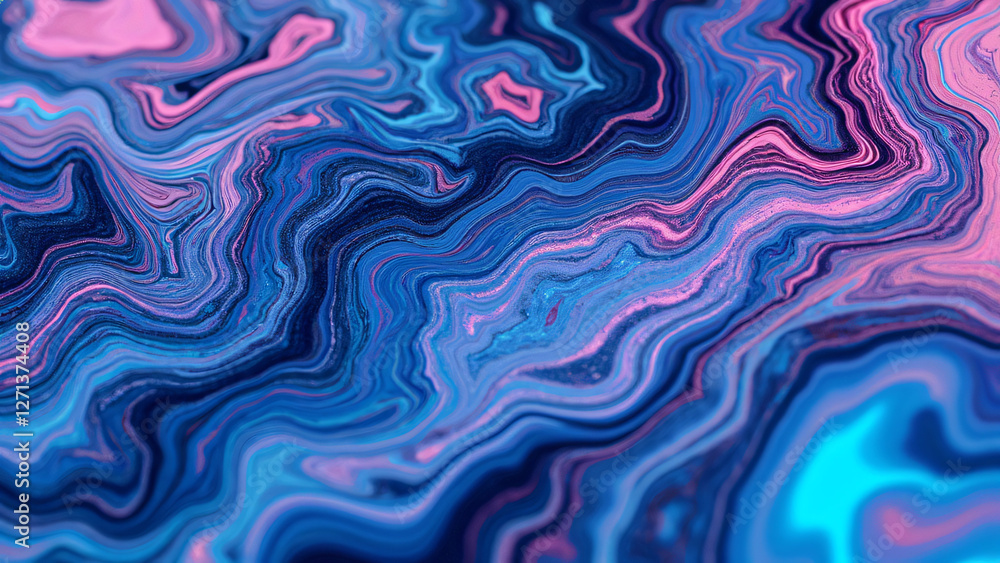 Obraz premium Abstract organic marble flow with swirling patterns and neon highlights in blue and pink