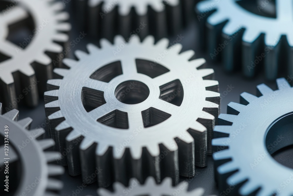 Close-up of metallic gears interlocked, representing precision engineering and mechanical efficiency in industrial applications. Close-up of metallic gears interlocked, representing precision engineering and mechanical efficiency in industrial applications.