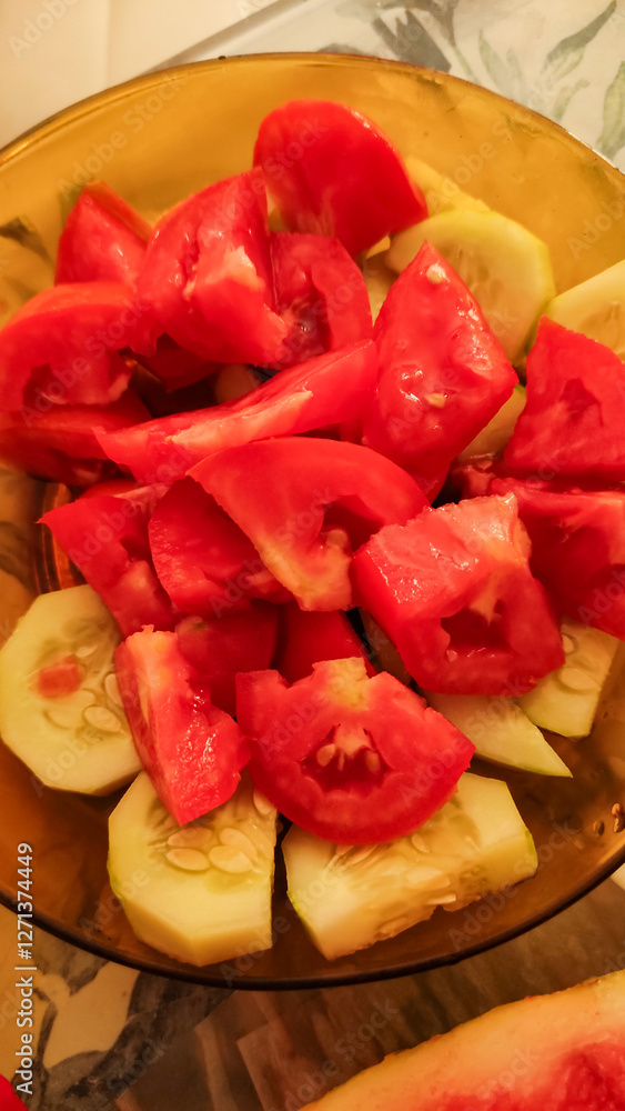 Freshly cut tomatoes and cucumbers filling a bowl, summer salad preparation Freshly cut tomatoes and cucumbers filling a bowl, summer salad preparation