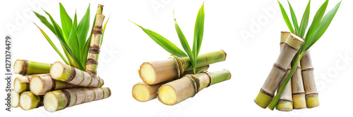 Set of A farmer holding a bundle of fresh sugarcane stalks, smiling proudly, with a vibrant green field on transparent png background. Ai generated