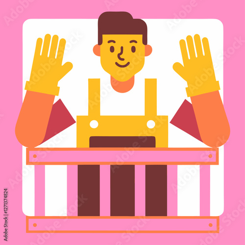  Un hombre sonriente con guantes y overol saluda detrás de una cerca de madera, en un estilo gráfico colorido. Representa construcción y alegría.
