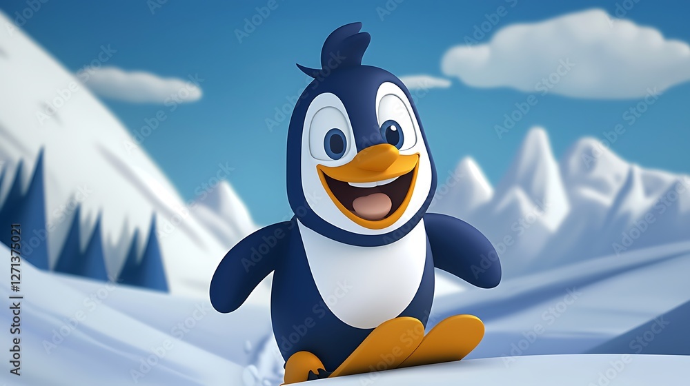 Obraz premium Cartoon penguin skiing on snowy mountain landscape