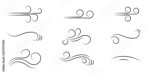 Doodle wind line sketch set. Hand drawn doodle wind motion, air blow, swirl elements. Sketch drawn air blow motion, smoke flow art, abstract line.