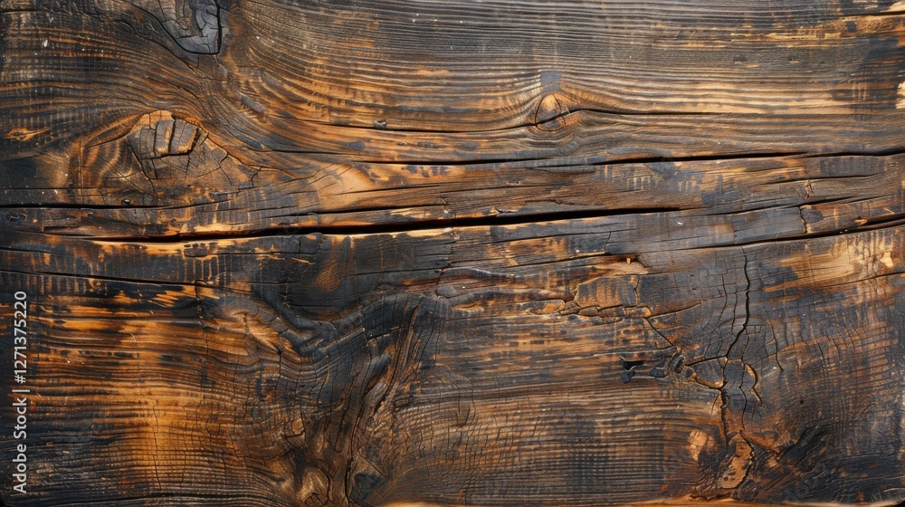 Naklejka premium A detailed view of an old wooden surface with cracks, captured from above, showcasing a beautiful wood texture background
