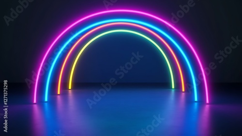 Neon rainbow arch, vibrant colors, glowing light.