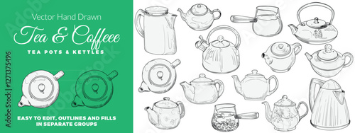Vector hand drawn kettles and pots set. Outline kitchenware for coffee or tea menus. Kitchen graphic assets with outline and fill in separate groups.
