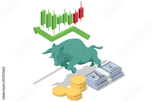 An isometric vector illustration of stock brokers with a large green bull and rising stock charts, symbolizing a bullish market trend. Bull market, stock growth, financial success