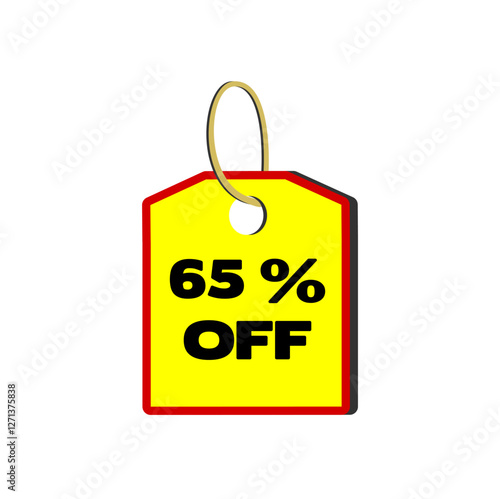 65% off yellow tag with red border, beige cord and white background