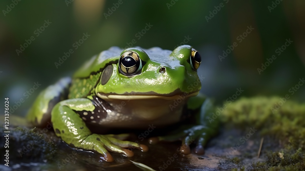 Green frog near water, mossy rock background, nature wildlife image. Green frog near water, mossy rock background, nature wildlife image.