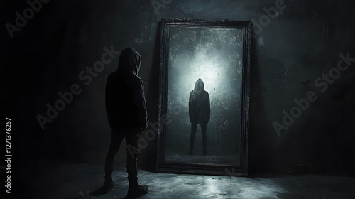 A lone figure standing in front of a forgotten mirror in a dark room. The reflection shows someone else standing beside them, but there is no one there.