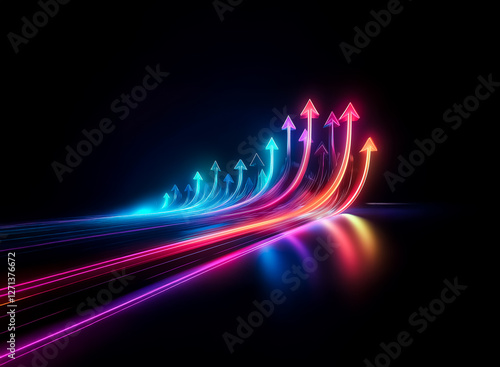 Colorful neon arrows ascend dynamically against a stark black backdrop, creating a sense of forward momentum and vibrant energy with their luminous trails.