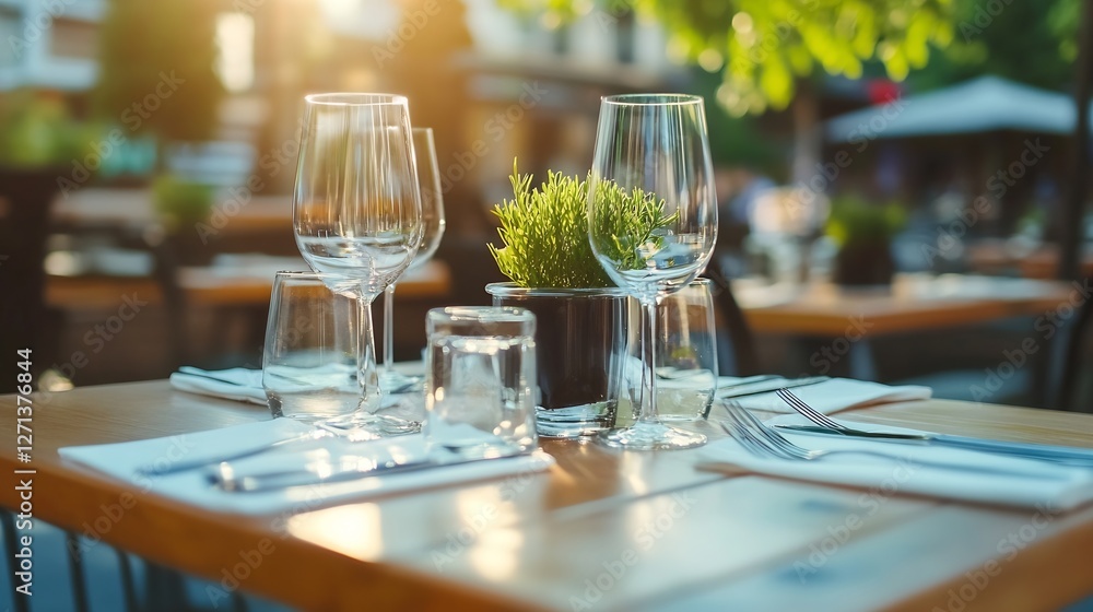 Charming outdoor restaurant table beautifully set with drinks and a decorative plant centerpiece : Generative AI Charming outdoor restaurant table beautifully set with drinks and a decorative plant centerpiece : Generative AI