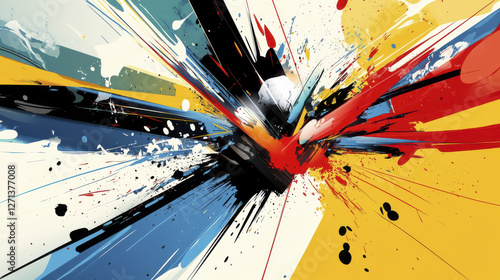 Dynamic abstract artwork featuring energetic bursts of color, showcasing sharp contrasts and vibrant splashes. composition evokes sense of movement and excitement