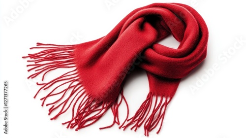 This vibrant red scarf drapes beautifully, showcasing its soft fabric and stylish fringes