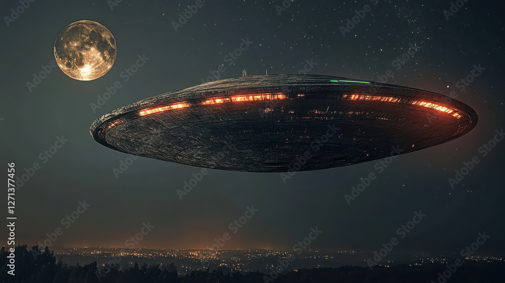 Enormous alien spaceship hovering in night sky with full moon, illuminated ufo over cityscape, mysterious extraterrestrial craft encounter Enormous alien spaceship hovering in night sky with full moon, illuminated ufo over cityscape, mysterious extraterrestrial craft encounter