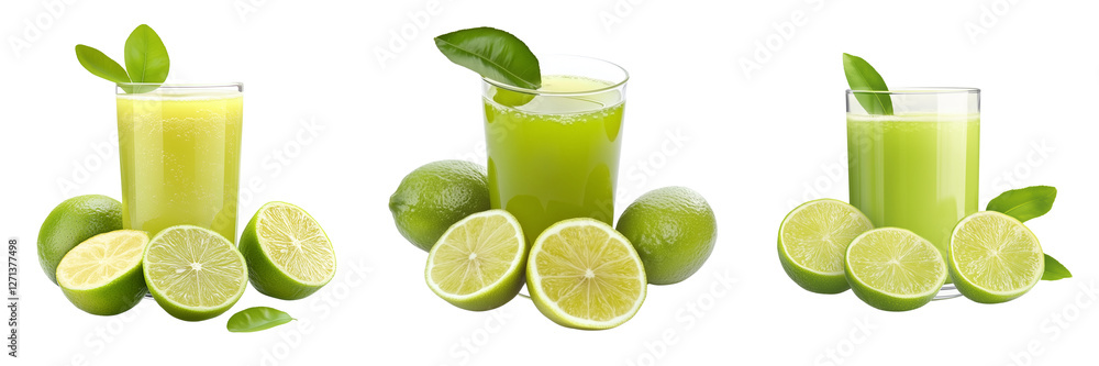Set of A refreshing burst of fruit juice with lime wedges in a clear glass on transparent png background. Ai generated Set of A refreshing burst of fruit juice with lime wedges in a clear glass on transparent png background. Ai generated