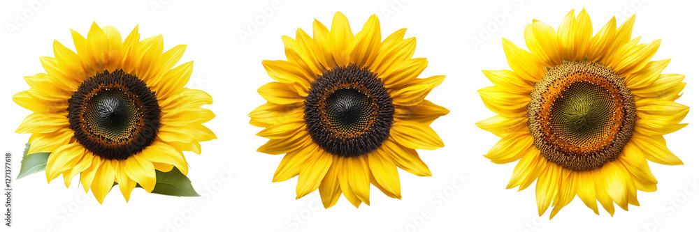 Fototapeta premium Set of A radiant sunflower with vivid yellow petals and a dark brown center on transparent png background. Ai generated