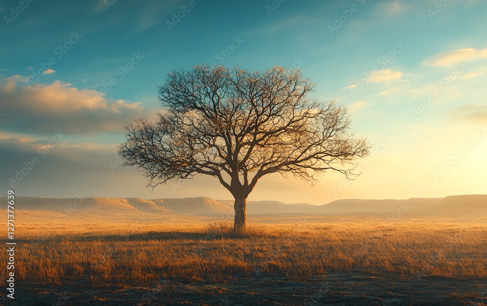 A bare tree standing alone in a vast A bare tree standing alone in a vast