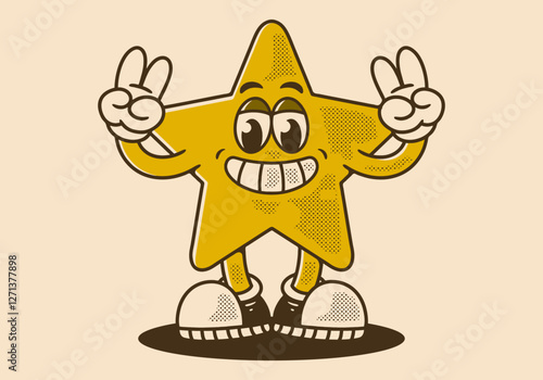 Mascot character of a standing star with hands forming a peace symbol in retro colors