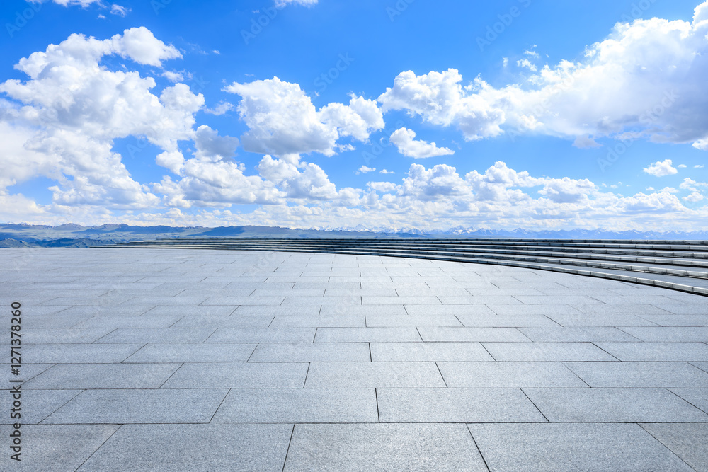 Empty square floor and white clouds natural landscape under the blue sky Empty square floor and white clouds natural landscape under the blue sky